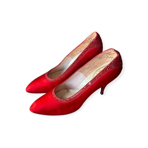 Vintage Delman Red Satin Rhinestone Heels 1950s Size 6B  Cocktail Pumps - Picture 5 of 15